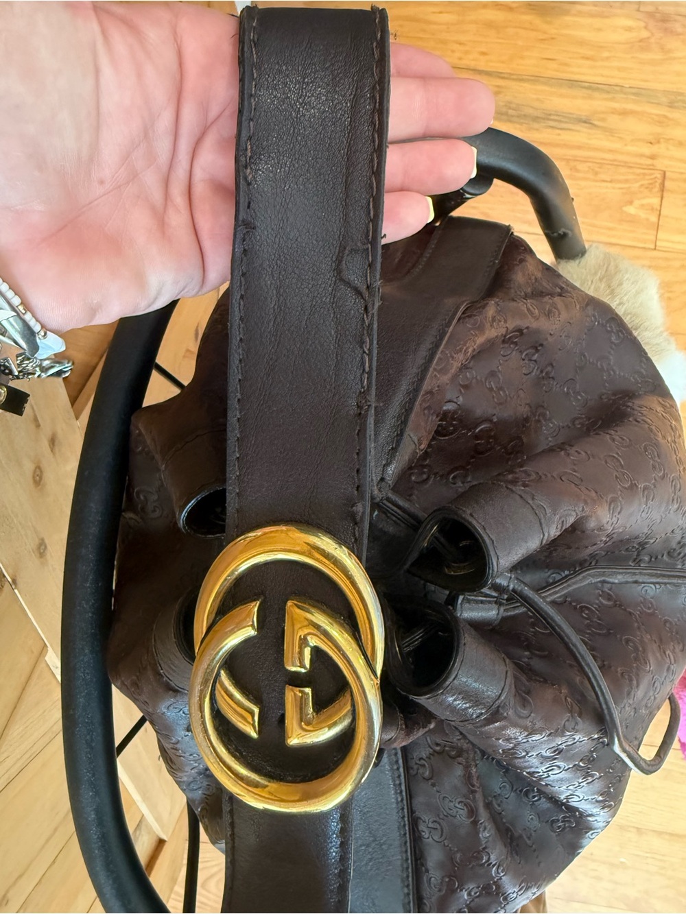 Gucci Dark Brown Embossed Leather Drawstring Hobo Bag - Picture 7 of 10